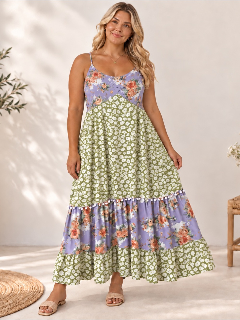 MELLODAY Lavender & Sage Floral Patchwork Maxi Dress size X-Large